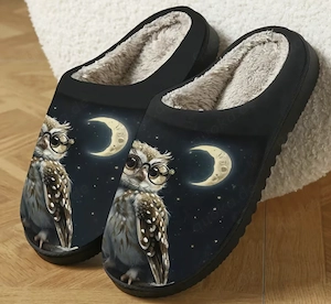 Gr. 40 Kuschelige Fleece-gefütterte Slipper mit Eulen- und Mondmotiv