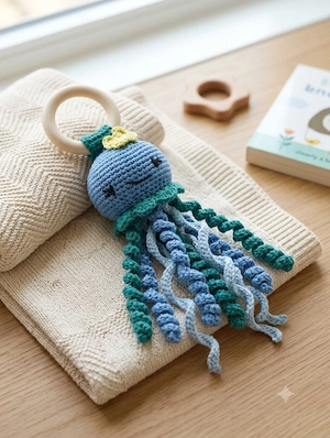 Oktopus Rassel mit Beißring  Holz Qualle Geschenk zum Geburt gehäkelt NEU