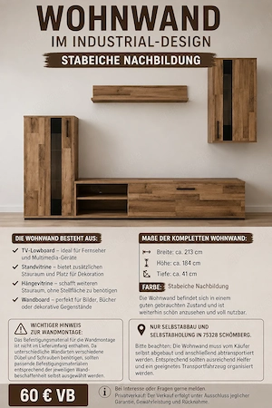 Wohnwand im Industrial-Design   Stabeiche Nachbildung   guter Zustand