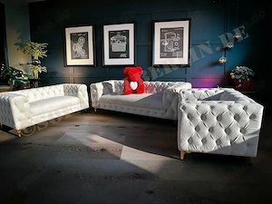 Chesterfield Sofagarnitur 3+2+1 in Weiß   Hellgrau