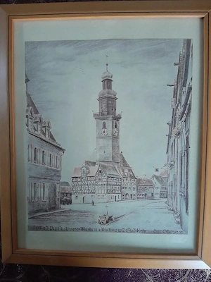 Conrad Scherzer 1940: Unterer Markt mit Rathaus und Stadtkirche in Lauf an der Pegnitz