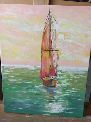 Leinwand Handarbeit "Segelboot im Abendlicht""