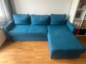 Blaues Ecksofa mit Recamierr + Schlaffunktion unf Stauraum