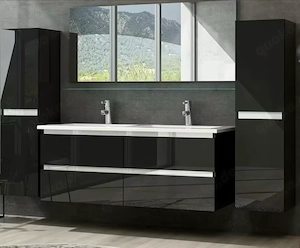 Badmöbel-Set Doppelwaschtisch Schwarz   Weiß Hochglanz 120 cm