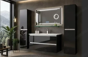 Badmöbel-Set Schwarz  Weiß Hochglanz mit Kosmetik Spiegel 90 cm