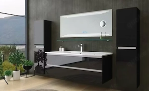 Badmöbel-Set Schwarz   WeißHochglanz Kosmetik Spiegel 120
