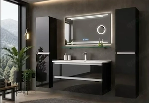 Badmöbel-Set in Weiß   Schwarz Hochglanz mit Kosmetik Spiegel 60
