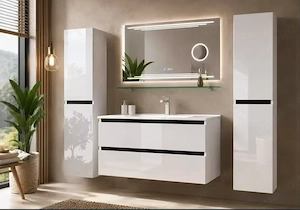 Badmöbel-Set in Weiß   Schwarz Hochglanz mit Kosmetik Spiegel 90