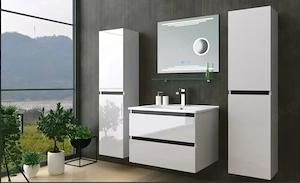 Badmöbel-Set in Weiß   Schwarz Hochglanz mit Kosmetik Spiegel 60