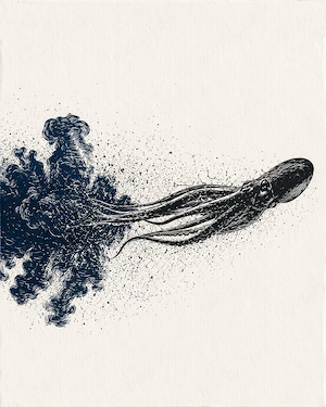 HKD S92 K0911   Tintenfisch im dynamischen Tintenwirbel   Kunstdruck A2 Pearl