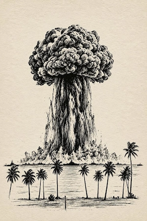 HKD S94 K0922   Atomexplosion über tropischem Strand   Kunstdruck A2 Pearl