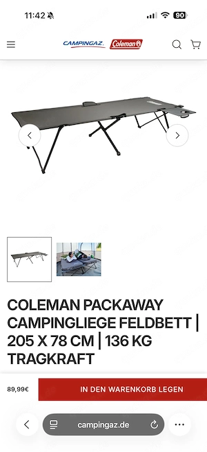 Ein Coleman Feldbett, 205*78 cm, 136 kg Tragkraft