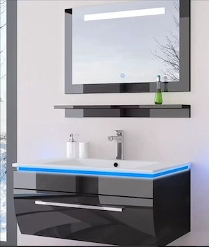 Badmöbel Set 90 cm Schwarz mit LED Hochglanz Badezimmer