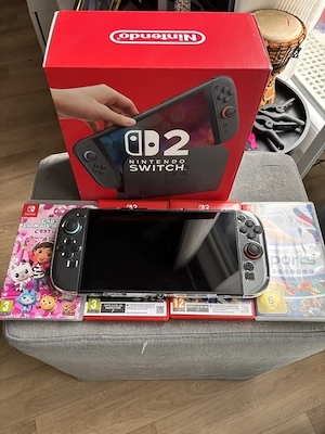 Neue schwarze Nintendo Switch 2 mit Originalverpackung und 4 physischen Spielen