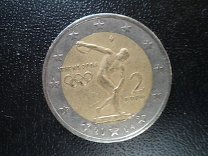  2 Euro Gedenkmünze aus Griechenland, Motiv Diskuswerfer, Olympische Spiele 2004 Athen, 1a Zustand