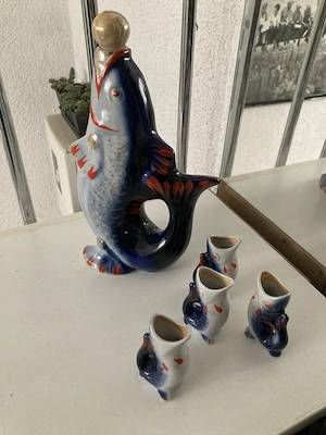  Vintage   =  Fisch Dekanter-Set     Fisch-Familie    Glucki 