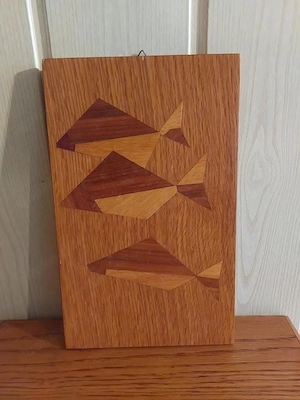 Bild  Holzintarsien-Arbeit  Fische und Schmetterlinge 