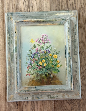 Dekoratives Blumenbild mit Vintage-Holzrahmen   signiert