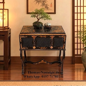 Elegante Travailleuse antik 1890er, Chinoiserie, Pagode-Kranich, Zinnoberrot, klappbare Schubladen