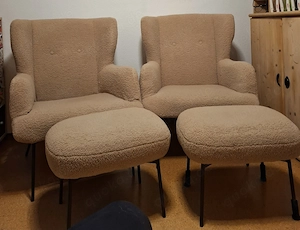 2 Bouclé-Sessel mit 2 Hockern  Norbi"   Teddy-Optik 
