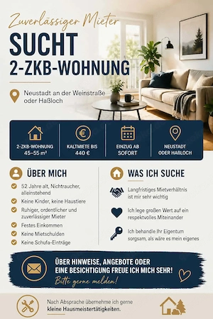 Suche 2 ZKB Wohnung 67433 Neustadt oder Haßloch,Bin Nichtraucher