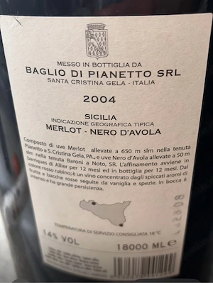 18-Liter-Flasche (Großflaschenformat: Melchior oder Solomon) des Baglio di Pianetto Ramione (Jahrgan