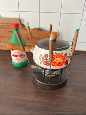 Vintage Fondue-Set für 6 Personen mit Gabeln und Spiritus