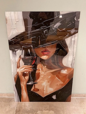 Glasbild Wandbild Frau mit Rotwein & Hut Modern 80x120 cm