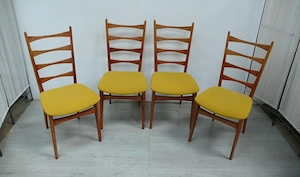 4 Stühle 60er Sprossenlehne, Buche + Senfgelbe Polster Mid Century Modern