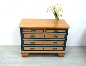 Kommode Art Deco 5 Schubladen Vollholz Eiche Natur + Dunkelgrau Akzente 1920er