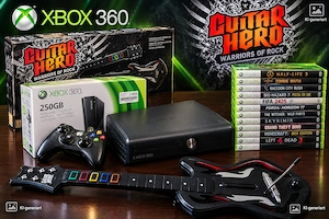 Xbox 360 S 250GB Paket in OVP + Guitar Hero in OVP + 21 Games