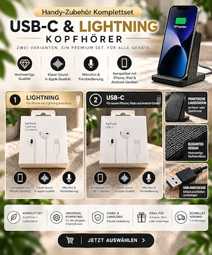 Handy-Zubehör Komplettset | USB-C & Lightning Kopfhörer + Ladestation