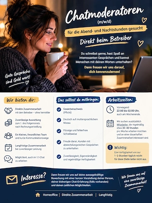 Chatmoderatoren  für die Abend- und Nachtstunden gesucht Freelancer 