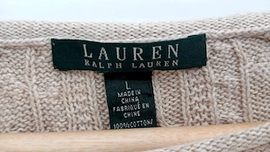 Ralph Lauren Zopfstrick Pulli Rundhals Langarm Beige Baumwolle Preppy Old Money Gr. L