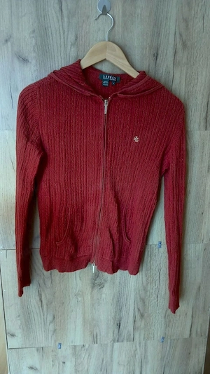 Ralph Lauren Strickjacke Kapuze Zopfmuster Rot Damen Cardigan Gr. S