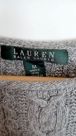 Ralph Lauren Damen Rundhals Pullover Zopfstrick Rollkante Grau meliert Zopfmuster Gr. M
