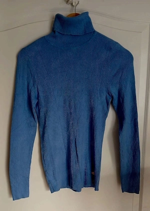Lauren Ralph Lauren Strickpulli Damen Rippstrick Stehkragen Taubenblau figurnah Old Money Gr. M