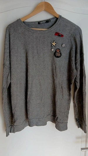 Lauren Ralph Lauren Damen Strickpulli gemütlich Grau Oversize Pulli mit Wappen Gr. XL