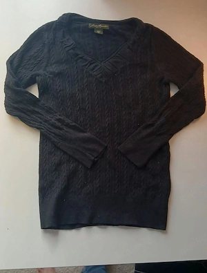 Eddie Bauer Pullover Damen Zopfmuster V-Ausschnitt Schwarz Gr. S