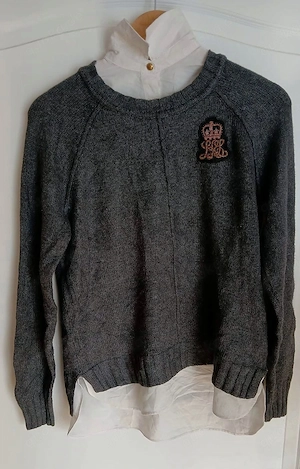 Lauren Ralph Lauren Damen Pullover mit Bluseneinsatz 2in1 Raglan Dunkelgrau Preppy Old Money Gr. M