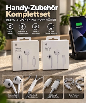 Handy-Zubehör Komplettset | USB-C & Lightning Kopfhörer + Ladestation