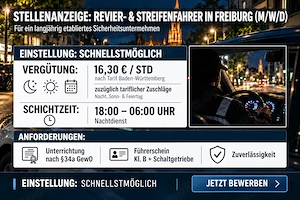 Revierfahrer   Streifenfahrer (m w d) Freiburg | 16,30   + Zuschläge