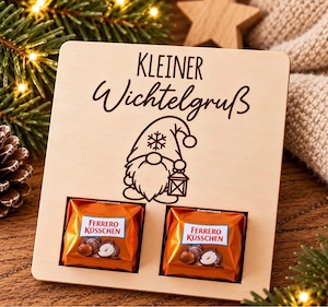 Ferrero Küsschen 2er Holzkarte Wichtelgruß, Schokoladenbonbons Weihnachten