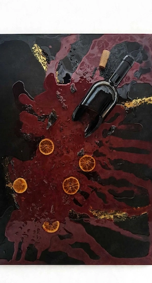  3D Wein Bild 50x70 Epoxidharz mit echter Flasche und Gold - für Weinbar   Restaurant -