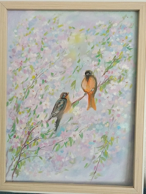 Öl Bild "Zarte Vögel" Inkl. Rahmen