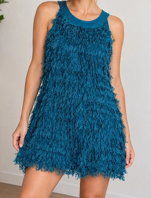 Kleid, Minikleid, Gr. XS S bzw. ca. Gr. 34 36, petrol, viele Fransen Schlaufen