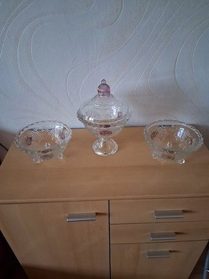 3-teiliges Set Vintage Glasschalen & Bonbonniere mit Rosendekor