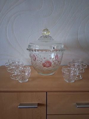 Vintage Bowleset aus Glas mit Rosendekor   Schüssel mit Deckel & 6 Gläser