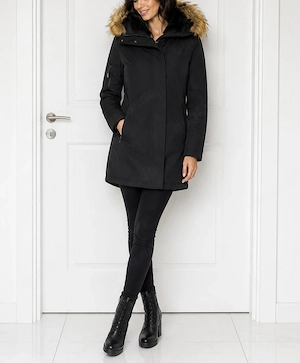 Helvetica Damen Winterparka mit Kunstfellkapuze Schwarz Gr S 36
